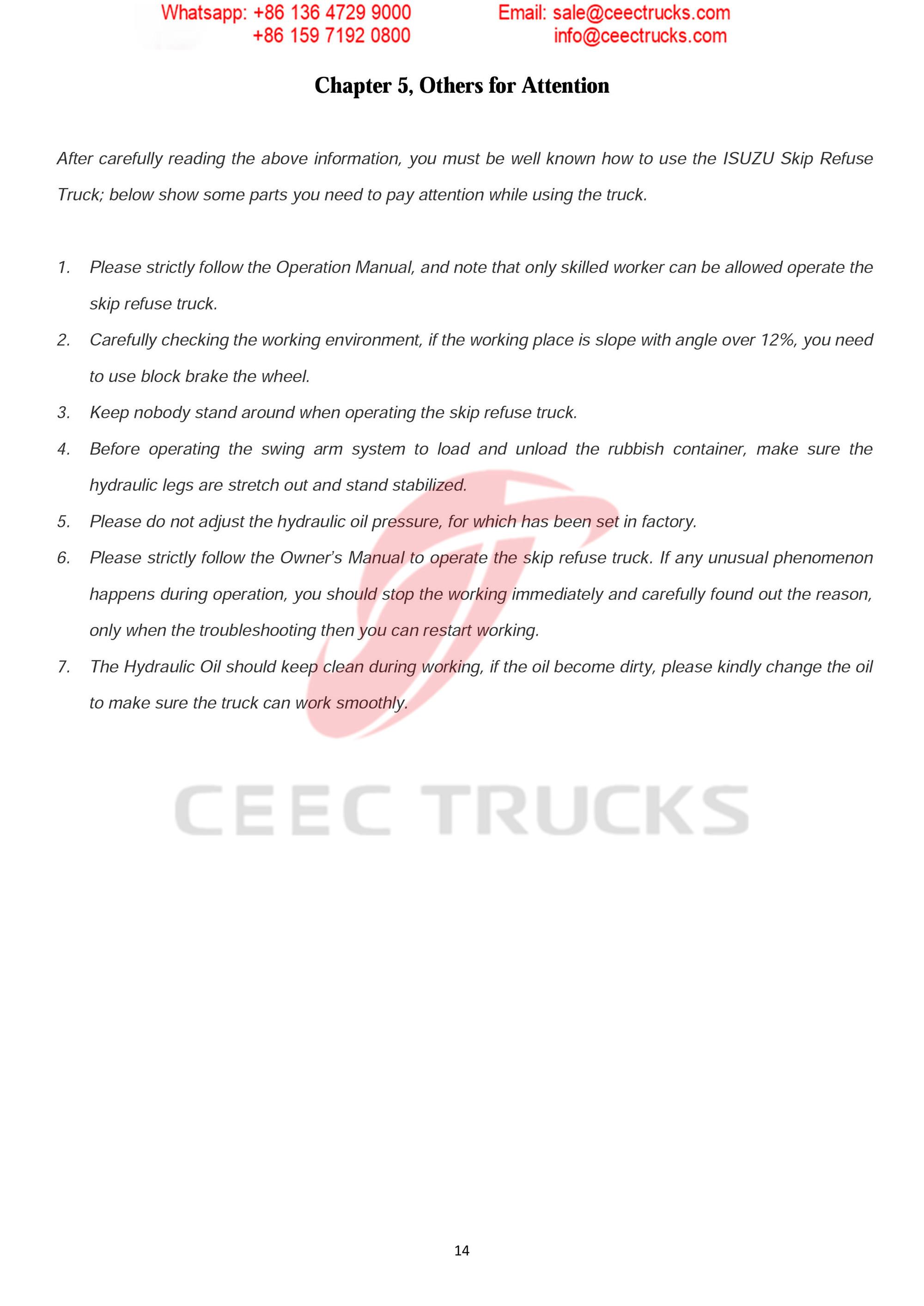 ISUZU 6CBM skip refuse truck Operation Manual