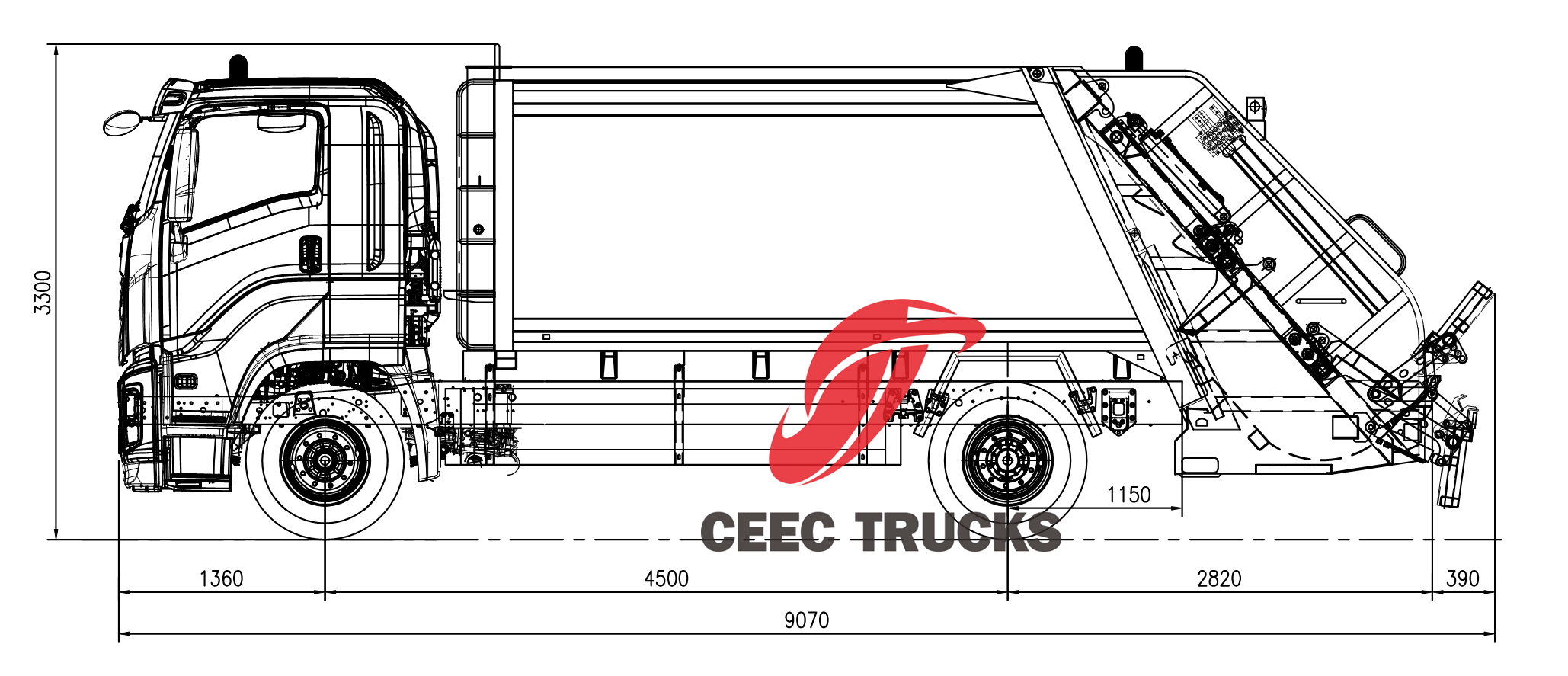 Technical drawing of Isuzu FVR GIGA rear loader compactor