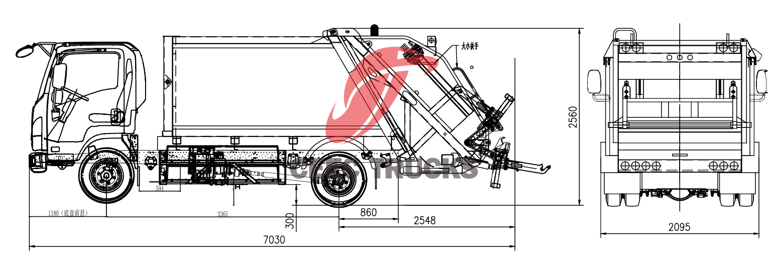 Technical drawing of Isuzu 4x2 6cbm EVM600 electric garbage truck